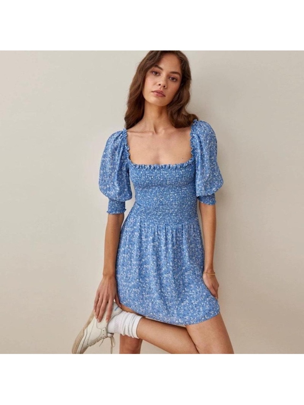 Reformation Blue Floral Puff-Sleeve Mini Dress